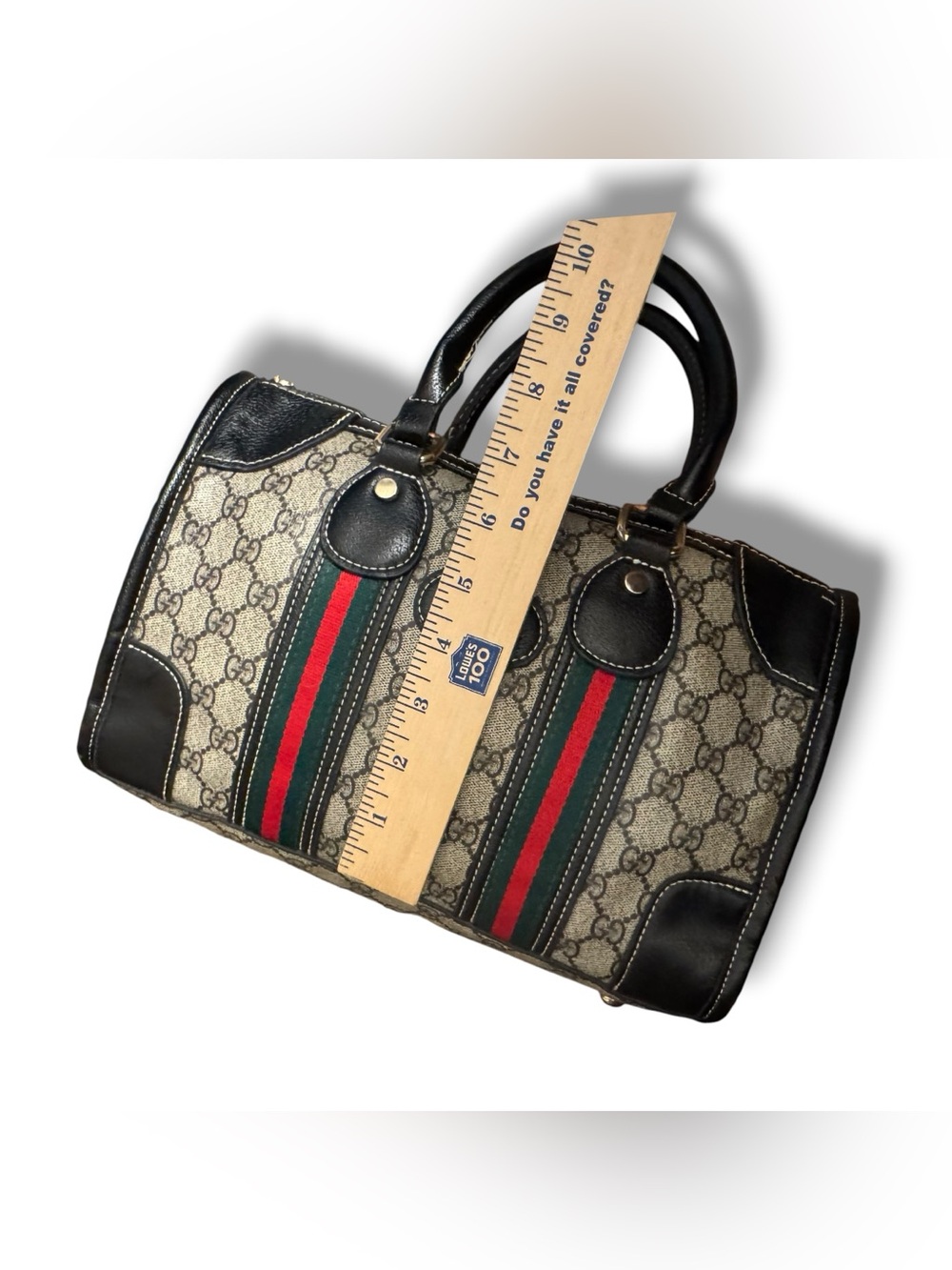 GG Monogram Boston Style Bag Web Stripe Cat Head Black Satchel Handbag - Picture 12 of 13